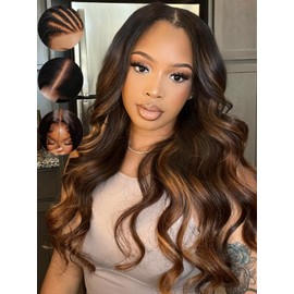 Sunber Bye Bye Knots 7x5 Lace Front Glueless Ombre Brown Highlight Body Wave Human Hair Wigs Pre Plucked Invisible Knots Pre Everything 3S Ready to Wear Highlgiht Brown Body Wave Wig 18Inch