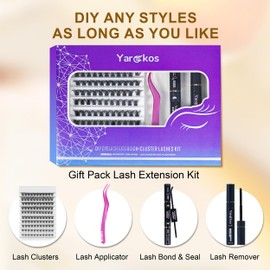 Yargkos DIY Individual Lash Extension Kit, 110Pcs 3D False Lashes Clusters, D Curl Mix 8/10/12/14/16mm, Bond and Seal Glue, Eyelash Makeup Remover, Tweezer, Home Use Lash Extensions Set, Purple-A3