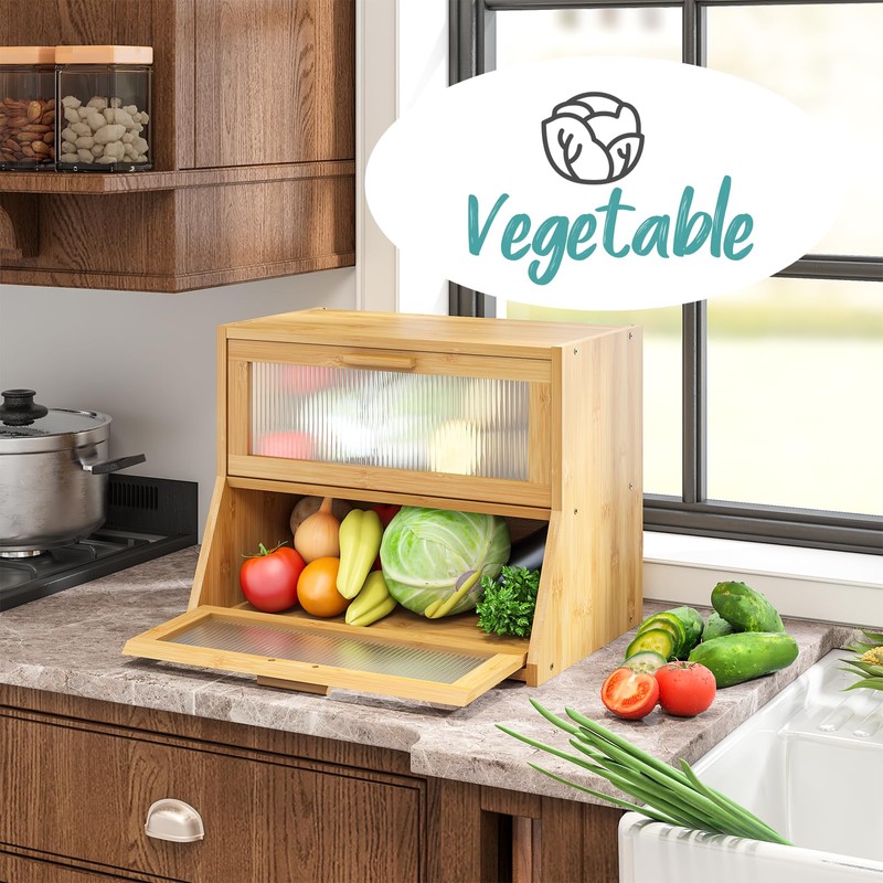 Vriccc Bread Box for Kitchen Counter, Large Bamboo Wooden Double