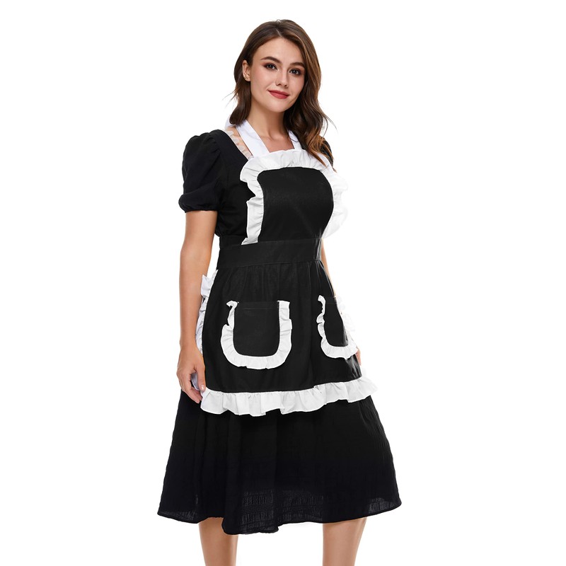 LilMents Women's Ruffles Outline Retro Pockets Apron Kitchen Cooking Cleaning