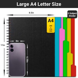 EUSOAR Notebook with Tabs, 3 Pack A4 Letter Size11 x 8-1/2", Black Hardcover Spiral 5 Subject Notebook, 120 Sheets/ 240 Pages, 100GSM College Ruled Paper, Journals for Work Office School Composition