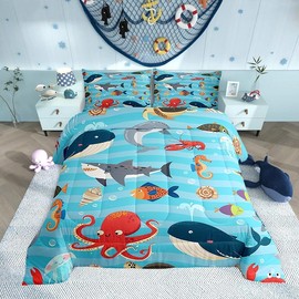 Kids Cartoon Ocean Kids Comforter Set,Whale Shark Dolphin Bedding Set,Lovely Under Sea Animal Comforter Room Decor Microfiber,Blue Sea Wave Quilt Set Twin Size