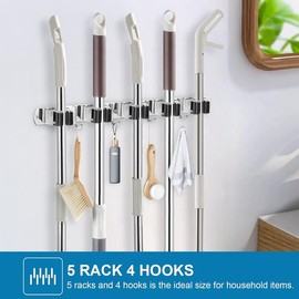 2 count Wall Mount Broom Holder Stainless Steel 5 Racks with 4 Hooks Broom Organizer Self Adhesive Heavy Duty Laundry Room, Garage Organization Storage - Color: 4 Racks with 5 Hooks, Size: 2 Pack