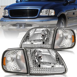 Aosky Headlight Assembly Compatible with Corner Lights 4pcs for 1997-2003 F150 / 2004 F150 Heritage / 1997-2002 Expedition / 1997-1999 F250 Headlamp, Chrome Housing with Amber Reflector