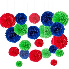 Blue,Green,Red Tissue Paper Pom Poms Flower Set-27PCS Ideal for Birthday,Bridal Showers,Wedding,Baby Shower Party Decorations (12",10",8",6)