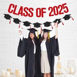 FHGG Pre Strung Graduation Decorations Class of 2025 Banner Red Glitter College Banners Party Congrats Grad with Tassel Decor High Favors NO DIY for Supplies School Home Car Decorations