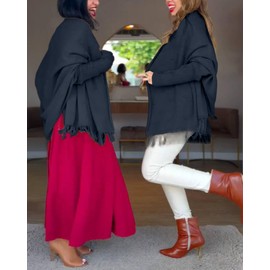 CHICME Solid Poncho Shawl Wraps for Women Knitted Poncho Cardigan Warm Long Sleeve Cozy Versatile Fringe Sweater Cardigan for Fall and Winter Black-XL