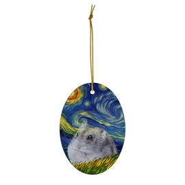 Whimsical Night Sky Russian Dwarf Hamster Christmas Ornament White Oval Ceramic - Impressionist Pet Portrait Memorial Keepsake Gifts for Hamster Lovers