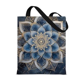 QYCFDXD Bohemian Mandala Canvas Tote Bag for Women Vibrant Blue Golden Floral Design Reusable Grocery Shoulder Bag for Travel Beach Gym