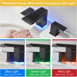 BESy Led 3 Hole Bathroom Sink Faucet, Oil Rubbed Bronze Waterfall Wide Spread Bathroom Faucet with 3 Colors Light Changing, Widespread Vanity Faucet 2 Handle with Supply Lines with Pop Up Drain