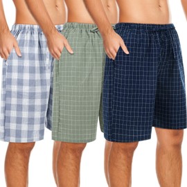 Bunnycool 3 Pack Men Cotton Pajama Shorts Woven Sleep Pajama Shorts Lounge Sleep Shorts with Drawstring Pockets(Navy Blue, blue, green, Medium)