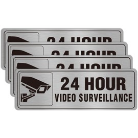 24 Hour Video Surveillance 9x3 Inch Aluminum Silver Sign for Business Self-Adhesive Metal Door Wall Signs Waterproof 4 Pack