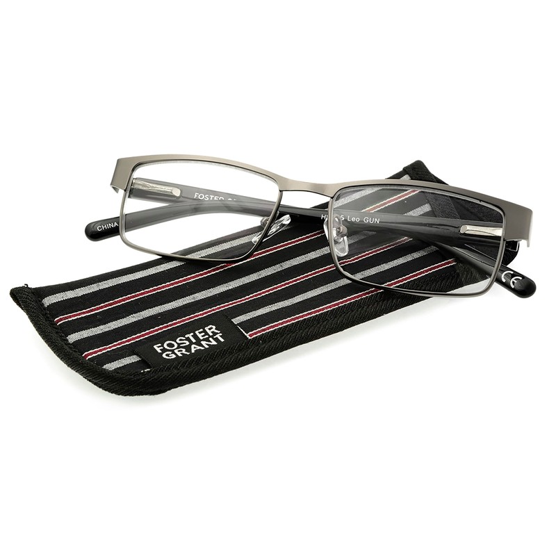 Foster Grant Men's Leo Square Reading Glasses, Gunmetal/Transparent, 59 mm