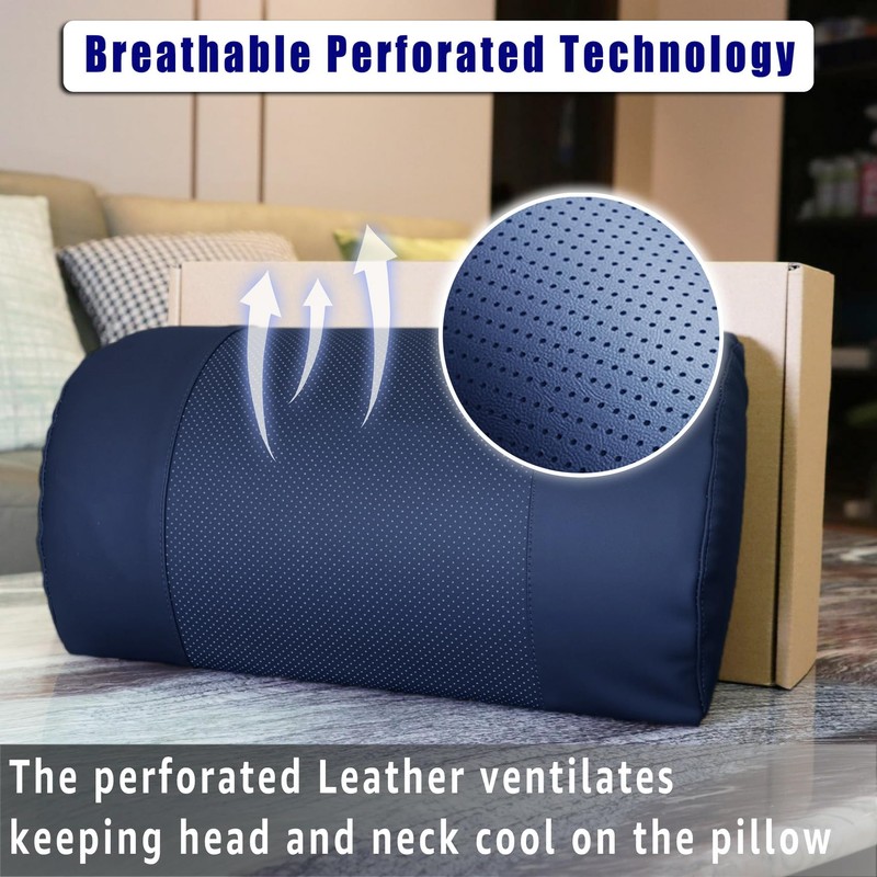 Breathable Perforated Leather Neck Pillow with Non-Slip Memory Foam, Adjustable