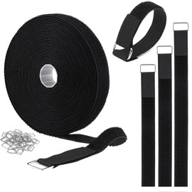 SHUOGUO 1"x32ft Hook and Loop Straps with 50 Metal Buckles, Adjustable Fastening Cable Straps, Cut-to-Length Cinch Strap, Reusable Nylon Securing Cord Ties for Organizer or Storage