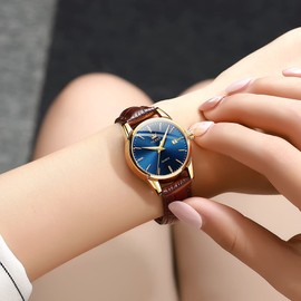 OLEVS Leather Watch for Women Black Waterproof Simple Womens Watch with Date Small Face Analog Quartz Ladies Watch Minimalist Luxury Brown Band Women Wrist Watches, Montre Pour Homme