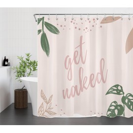 ECOTOB Get Naked Mid Century Shower Curtain Green Leaves with Pink Funny Quote Minimalist Shower Curtain for Bathroom Modern Simple Fabric Waterproof Polyester Bath Curtain with Hooks, 72x72 inch