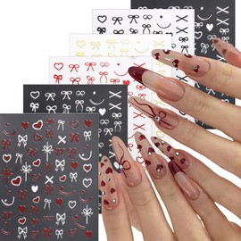 Bow Heart Nail Art Stickers Decals 3D 5 Colors Self-Adhesive Valentines Day Pegatinas Uñas Nail Supplies Valentine Nail Art Manicure Design Decoration DIY Accessories 6 Sheets