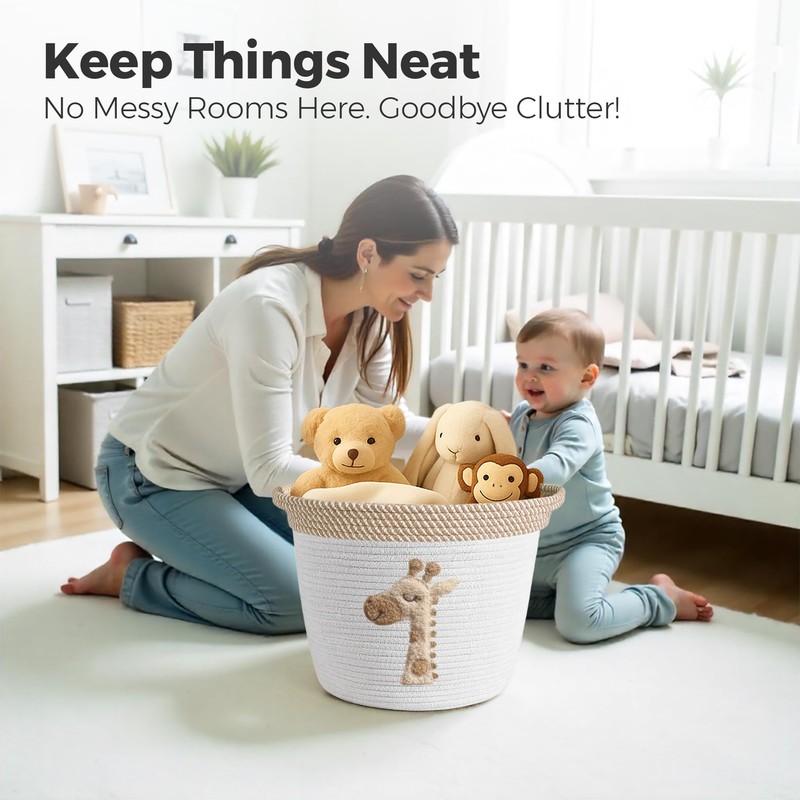 Giraffe Storage Basket for Nursery – Large 15”x11” Cotton Rope