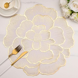 Juego de 6 manteles individuales de vinilo con forma floral dorada de 15 pulgadas para mesa de comedor, de plástico, para decoración de cocina, de boda, de boda