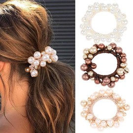 Banatra Pearl Hair Ties Beaded Hair Scrunchies Elastic Ponytail Holder Decorative Hair Accessories for Women and Girls (Pack of 3) (B)