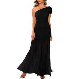 LAGSHIAN Women's Elegant Formal Long Dress One Shoulder Sleeveless Ruched Bodycon Evening Dress Black