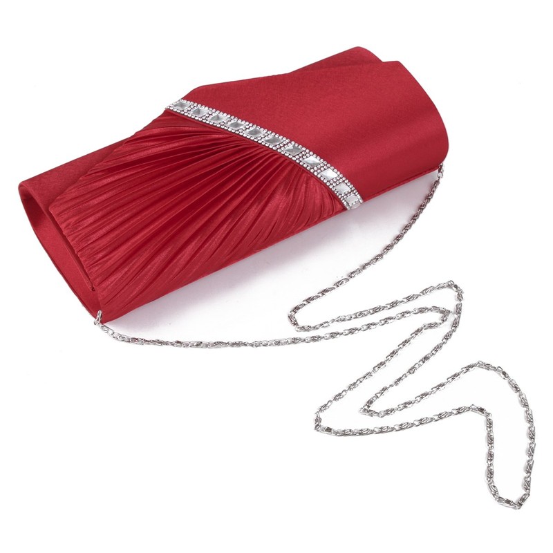 Damara Womens Pleated Crystal-Studded Satin Handbag Evening Clutch,Red