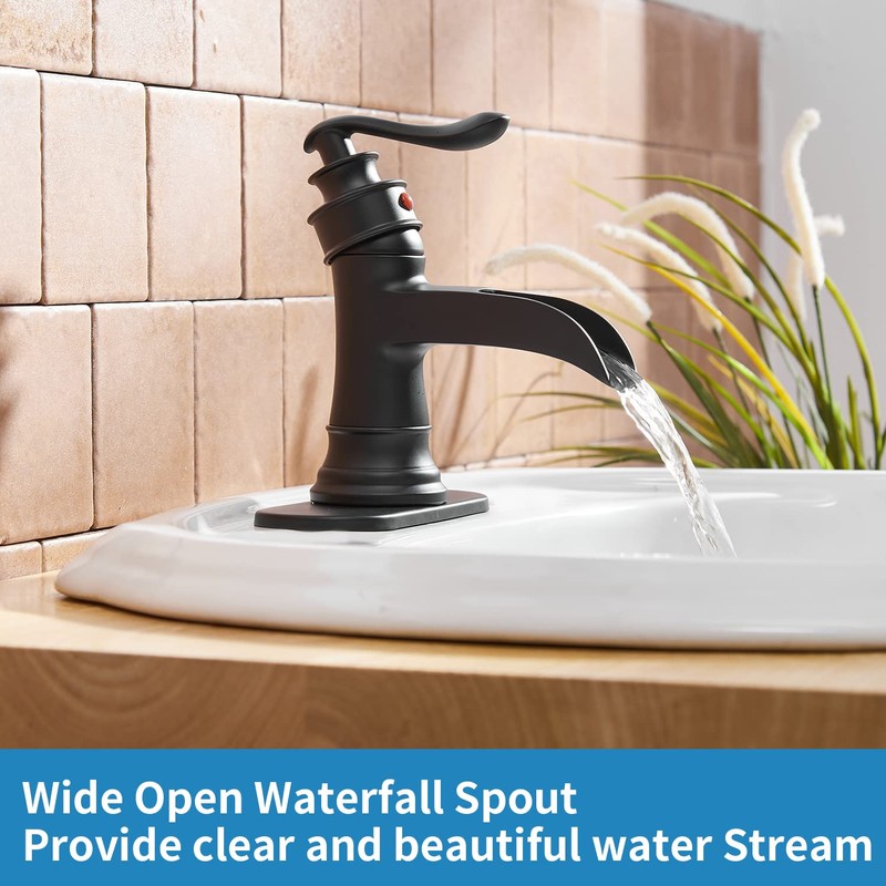 BWE Waterfall Bathroom Faucet Matte Black Bathroom Sink Faucet with