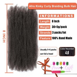 8 Inch Afro Kinky Curly Bulk Hair 3 Packs Marley Twist Hair Bulk for Dreadlock Extensions Spring Afro Twist Hair Bulk for Mini Twist Repair Locs (4#, 8 Inches)