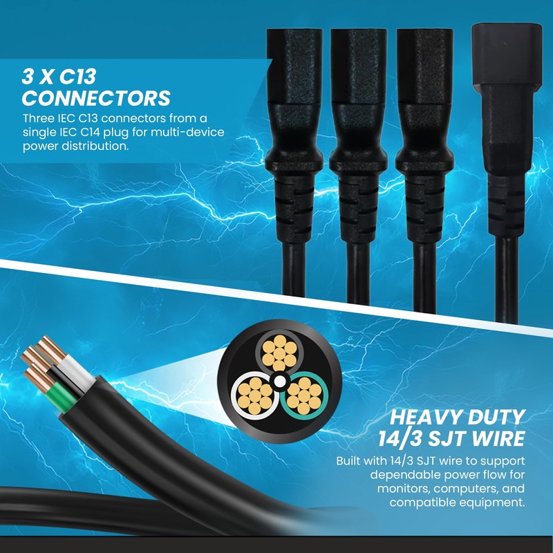 IronBox Electric IEC C14 to 3X C13 Splitter Power Cord
