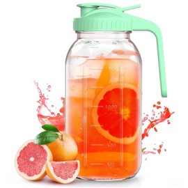 Glass Pitcher with Lid, 64 oz Cold Brew Coffee Maker, Wide Mouth Mason Jar with Flip Cap, Blue Handle (Green)