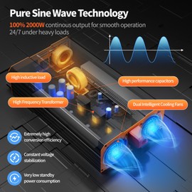 2000W Pure Sine Wave Power Inverter 12V DC to 110V AC Converter Peak Power 4000W for RV Truck Off-Grid Solar Car Inverter with 3 AC Outlets, 2 USB & 1 Type-C Ports, Cables Included, Remote Controller
