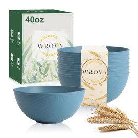 Wrova Wheat Straw Salad Bowls for Kitchen set of 6,Anti-Scald Thick Soup Bowls 40oz,Microwave and Dishwasher Safe Bowl set easy to clean. Blue