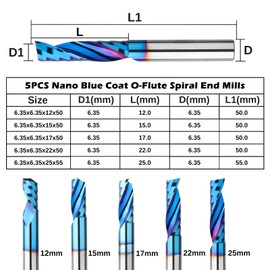 Genmitsu 1/4 Inch Shank 5pcs Carbide Spiral O Flute Up Cut CNC Router Bits Set, Solid End Mill Nano Blue Coat for Milling Machine Woodworking Cutting Carving Wood Acrylic PVC PCB MDF, OS05A