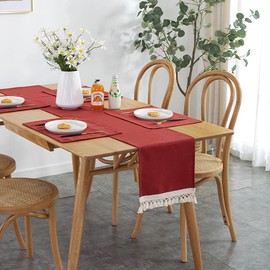 HAPMCH Deep Red Table Runner with Beige Tufted Tassel 12X71 inches Large Handmade Boho Crochet Macrame Fringe Solid Color Table Settings Home Decorative for Party Banquet Farmhouse Restaurant