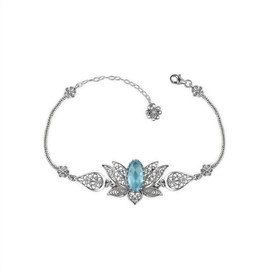 Filigranist 925 Sterling Silver Handcrafted Filigree Art Lotus Flower Design Sky Blue Topaz Gemstone Woman Adjustable Link Bracelet (Blue Topaz)