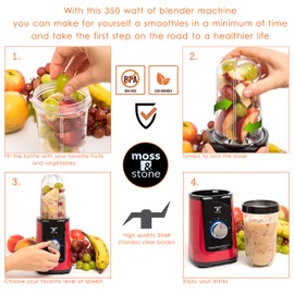 Moss & Stone MiniSmoothie Blender, Compact Personal Blender with Additional Cups Bullet Shape For Frozen Drinks, To-Go Portable Cups with Lids, Juice & Smoothie Maker