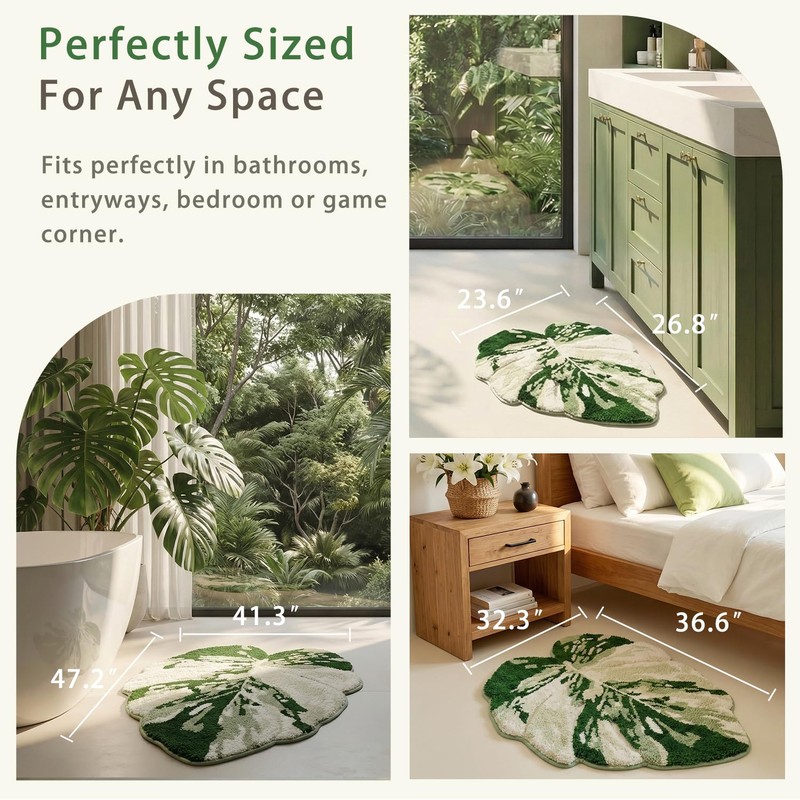 VivaNest Luxury Sage Green Leaf Bathroom Mat Monstera, 32.3"x36.6" Extra