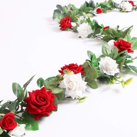 Floweroyal 2pcs Artificial Rose Vines 5.5ft Velvet Flowers for Garland Hanging and Wedding Decor (Red and White).