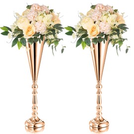 ZEAYEA 2 Pieces Metal Flower Trumpet Vase, 19" H Wedding Centerpieces Vase, Flower Vases for Anniversary Ceremony Party Birthday Event Aisle Home Table Decoration, Gold