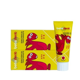 Betadent Set of 2 dentistry for children aged 3-6 years. Raspberry flavour. Anti-plaque and caries effect. Uniform dosage of fluorine salt at a concentration of 430 ppm F. 2 x 75 ml