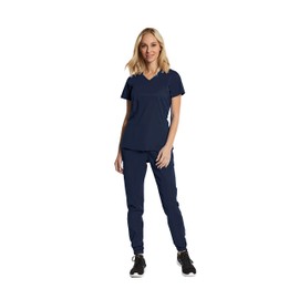 Scrubs for Women Set 7 Pocket 4-Way Stretch Mock Wrap and Jogger Pant Elements EL9905 (Navy, Medium)