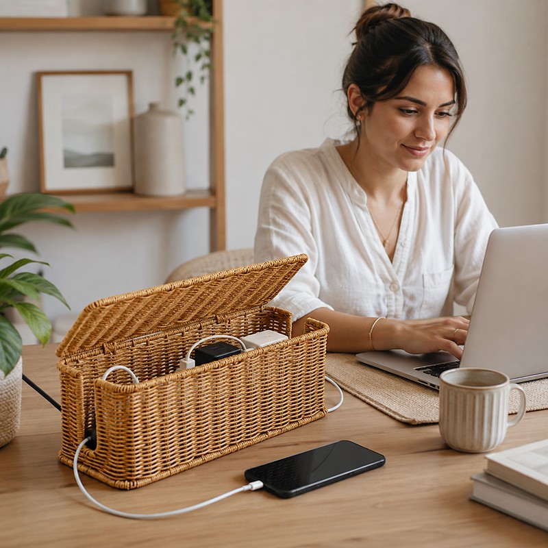 Handmade Rattan Cable Management Box for Cord Organization - Decorative