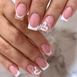 Press on Nails Medium Square Fake Nails White French Tip Nails Press ons Glitter Acrylic Nails Pink False Nails with Heart Designs Artificial Stick on Nails for Women 24Pcs