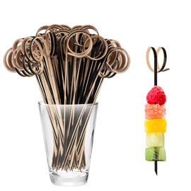 Bekecidi Bamboo Cocktail Sticks, 100 PCS Food Picks Bamboo Skewers with Looped Ring Fruit Sticks Bamboo Toothpicks Canape Sticks for Appetizers Sandwich Drinks Food Party Supplies 12cm (Black)
