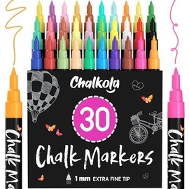 Extra Fine Tip Liquid Chalk Markers for Blackboard (30 Pack 1mm) Pastel + Neon Chalk Pens - Erasable Dry Erase Marker for Chalkboard, Blackboards, Window, Bistro, Car - Fine Tip Chalkboard Markers
