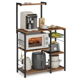 VASAGLE Baker's Rack, Microwave Stand, Kitchen Storage Rack with Wire Basket, 6 Hooks, and Shelves, for Spices, Pots, and Pans, Rustic Brown and Ink Black UKKS35X