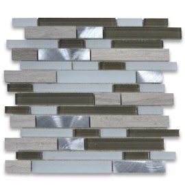 Stone Center Online A78005 Glass Mosaic Tile Ash Brown White Grey Wood Grain Marble Aluminum