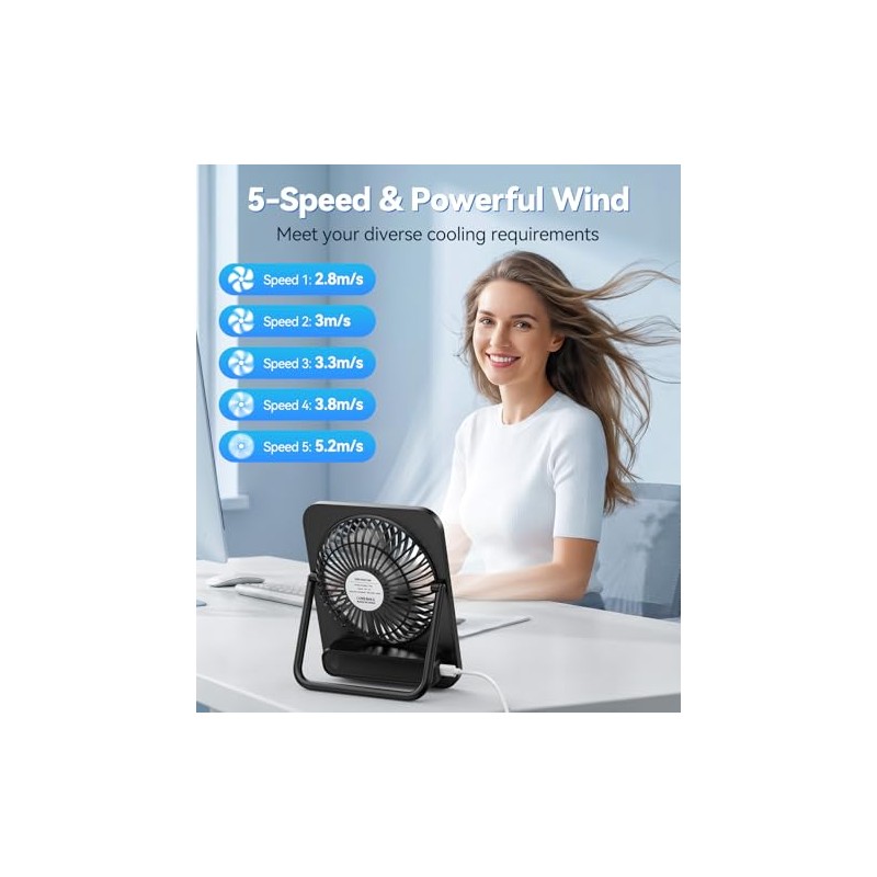 Mini USB Fan, 5 Speeds Table Fan, Very Quiet &