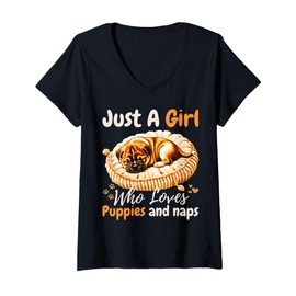Womens Just A Girl Who Loves Puppies & Naps For Girls For Dog Lover V-Neck T-Shirt
